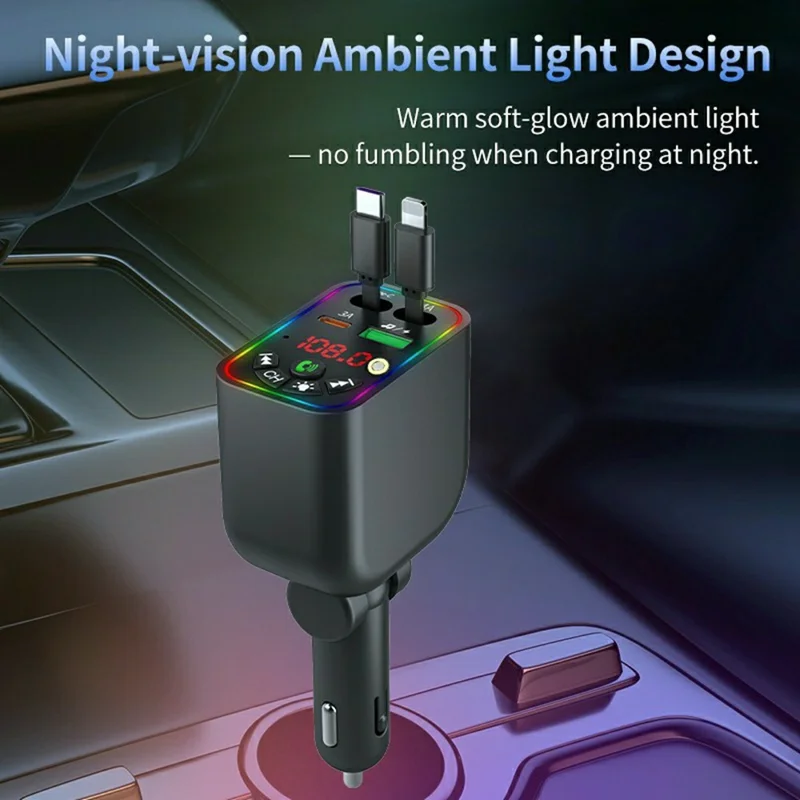 T5 Car Charger Bluetooth-compatible 5.3 MP3 Player 100W Fast Charging Built-in Retractable Cables Starry Sky LED Light - Black