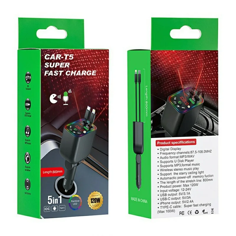 T5 Car Charger Bluetooth-compatible 5.3 MP3 Player 100W Fast Charging Built-in Retractable Cables Starry Sky LED Light - Black