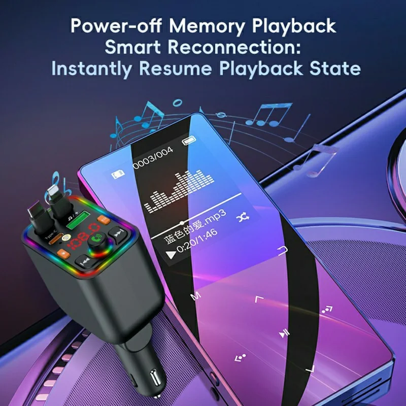 T6 Multi-function Car Charger Bluetooth-compatible MP3 Player 100W Fast Charging Retractable Cable Starry Sky Light - Black