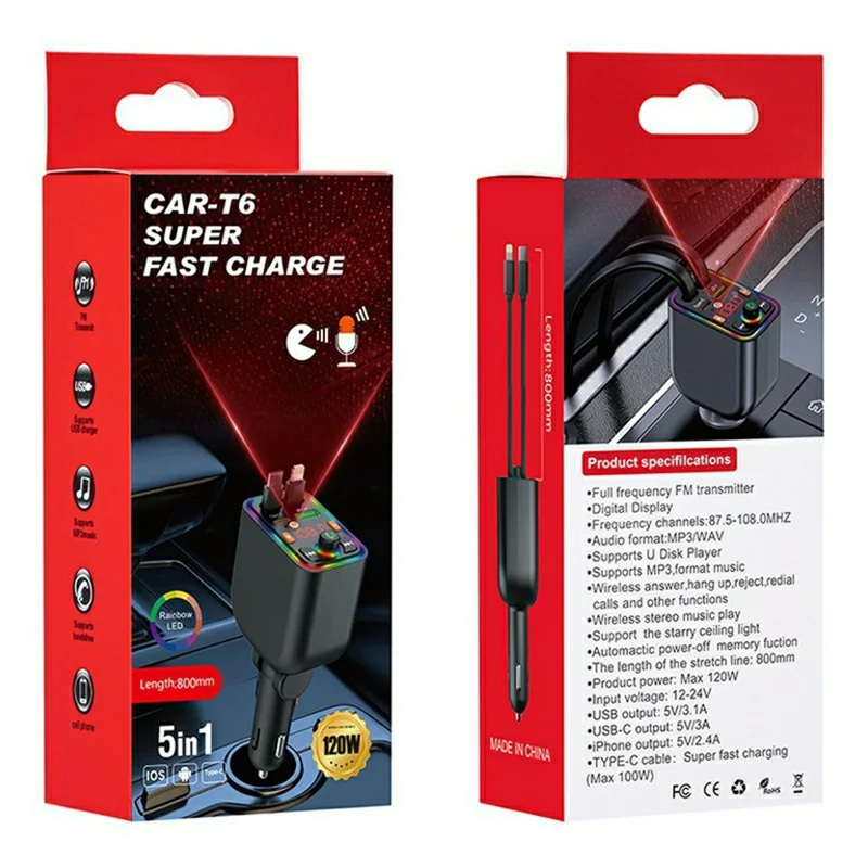 T6 Multi-function Car Charger Bluetooth-compatible MP3 Player 100W Fast Charging Retractable Cable Starry Sky Light - Black