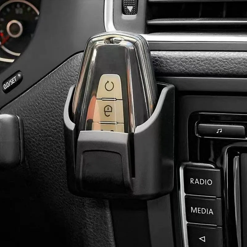 Car Key Holder Adhesive Mounting PVC U-Shaped Design Storage Box for Car Dashboard Center Console - Black