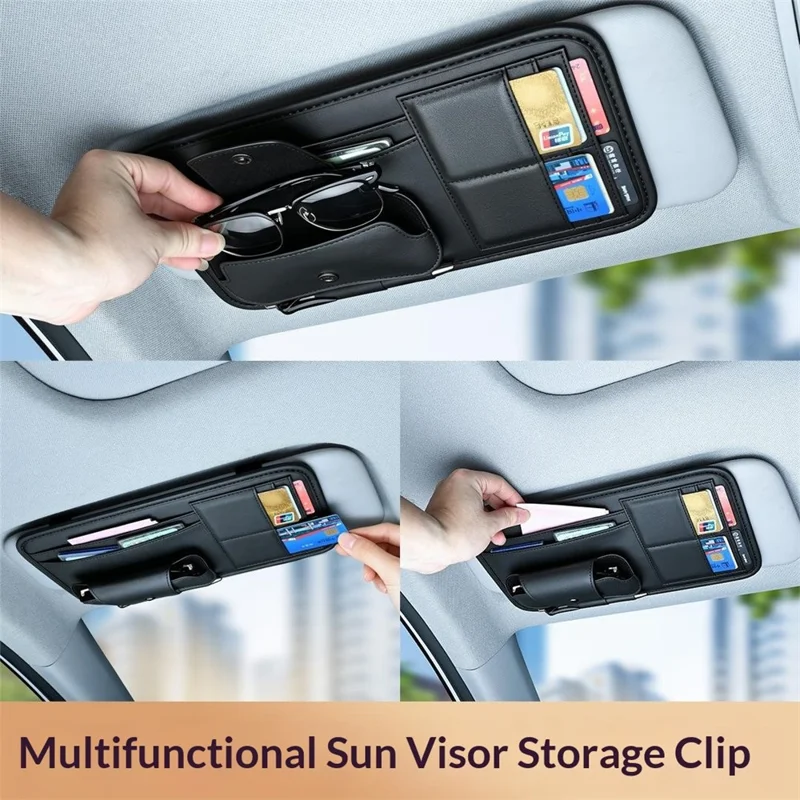 Sun Visor Storage Pouch Nappa Texture Leather + Cardboard 6 Card Slots Glasses Pocket Organizer for Car - Black