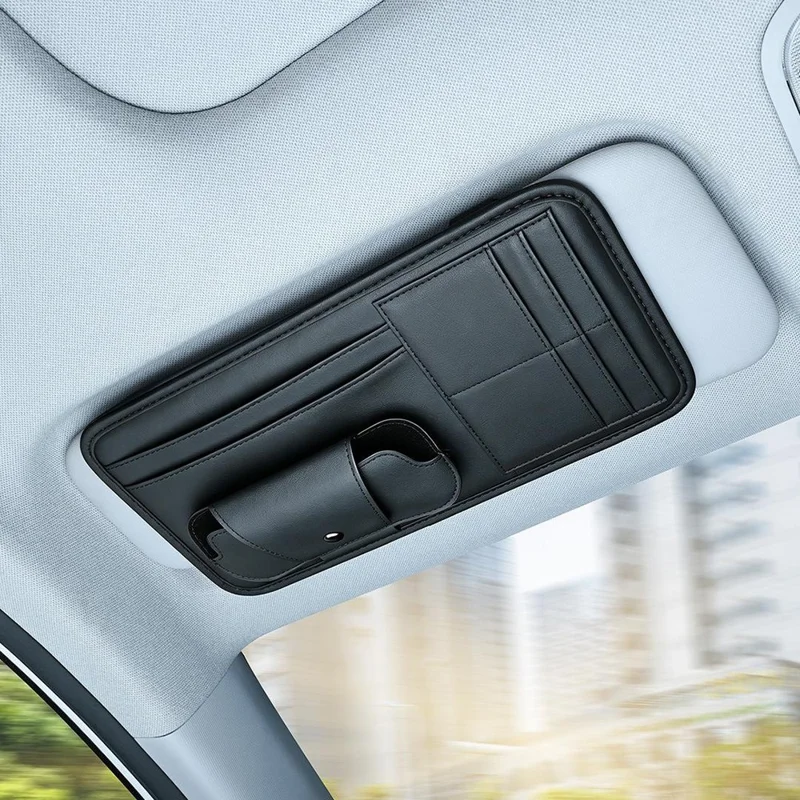Sun Visor Storage Pouch Nappa Texture Leather + Cardboard 6 Card Slots Glasses Pocket Organizer for Car - Black
