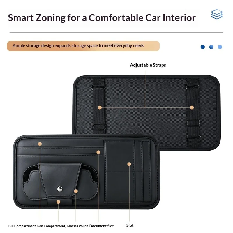 Sun Visor Storage Pouch Nappa Texture Leather + Cardboard 6 Card Slots Glasses Pocket Organizer for Car - Black