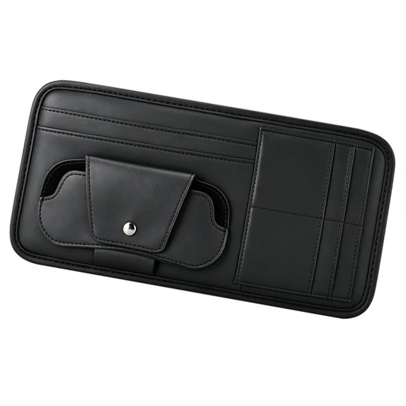 Sun Visor Storage Pouch Nappa Texture Leather + Cardboard 6 Card Slots Glasses Pocket Organizer for Car - Black