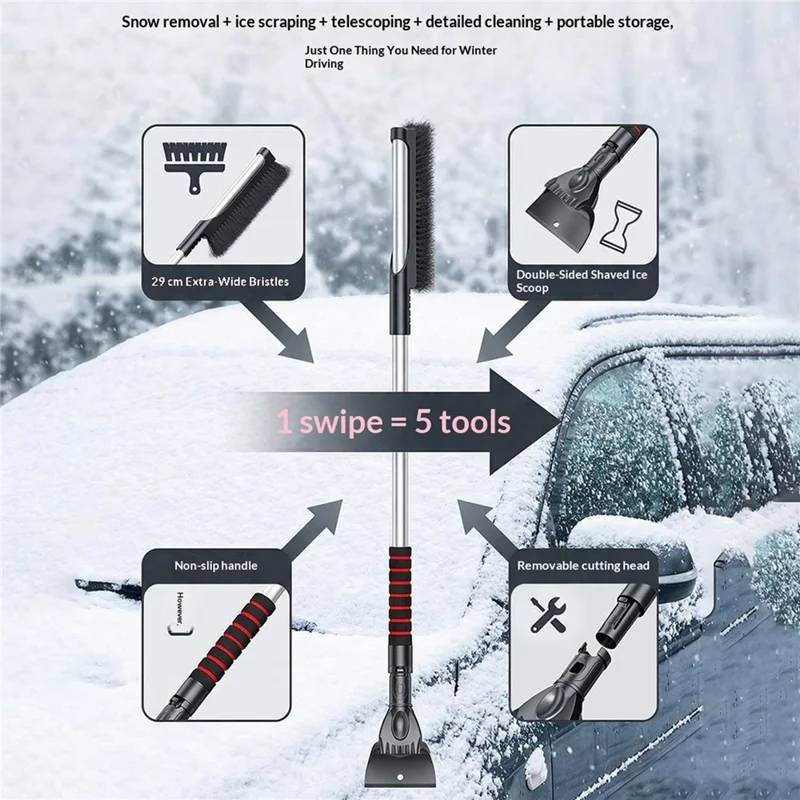 ST-3983A 2 in 1 Retractable Car Snow Brush and Ice Scraper PP + ABS for Winter Cleaning - Black