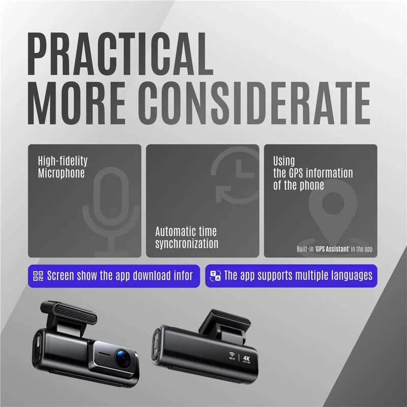 A227 Car DVR 4K + 1080P Dual Lens WiFi GPS Wide Angle Coverage Night Vision Dash Cam - Black