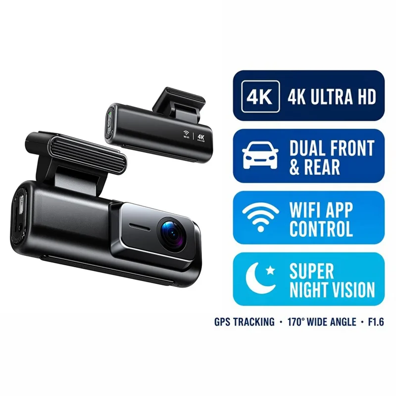 A227 Car DVR 4K + 1080P Dual Lens WiFi GPS Wide Angle Coverage Night Vision Dash Cam - Black