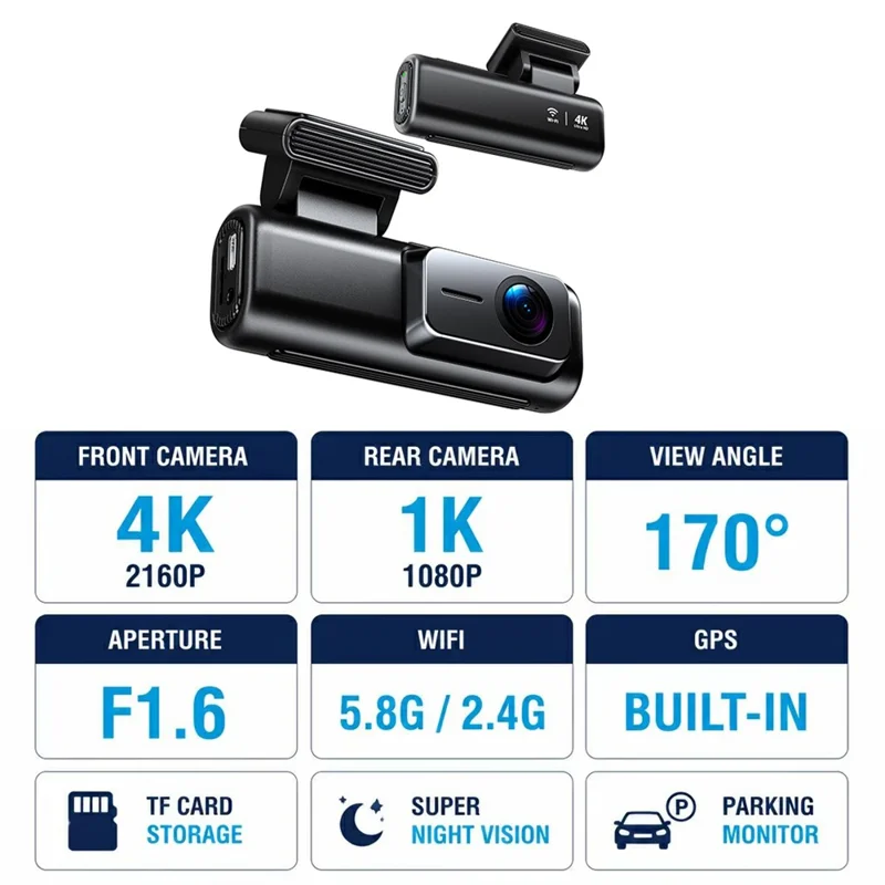 A227 Car DVR 4K + 1080P Dual Lens WiFi GPS Wide Angle Coverage Night Vision Dash Cam - Black