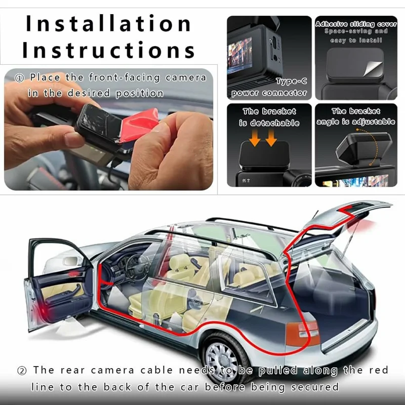 GPS WiFi Car DVR 4K Front + 1K Rear Recording Night Vision Wide Angle Dash Camera - Black