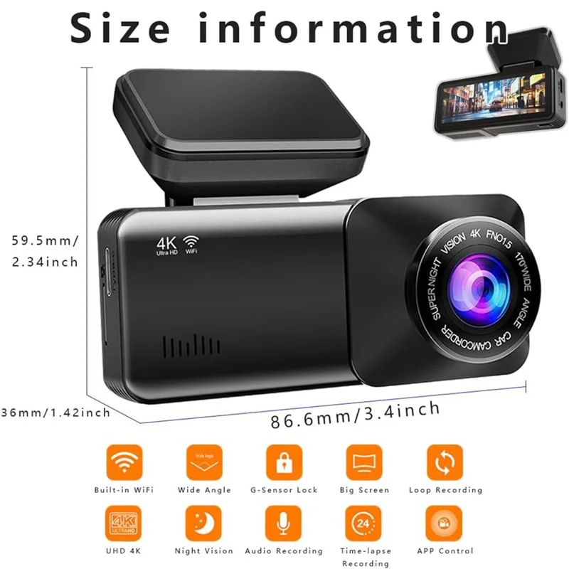 4K Front + 1K Rear Recording WiFi Car Dash Cam 170 Degree Wide Angle Night Vision Camera - Black