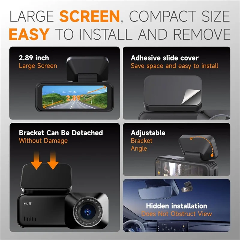 4K Front + 1K Rear Recording WiFi Car Dash Cam 170 Degree Wide Angle Night Vision Camera - Black