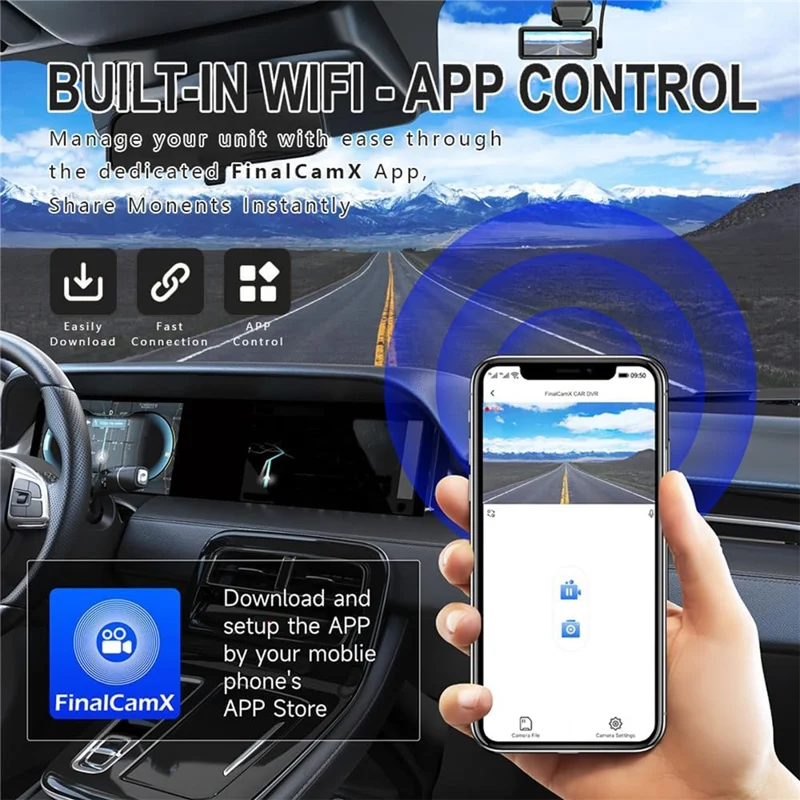 4K Front + 1K Rear Recording WiFi Car Dash Cam 170 Degree Wide Angle Night Vision Camera - Black