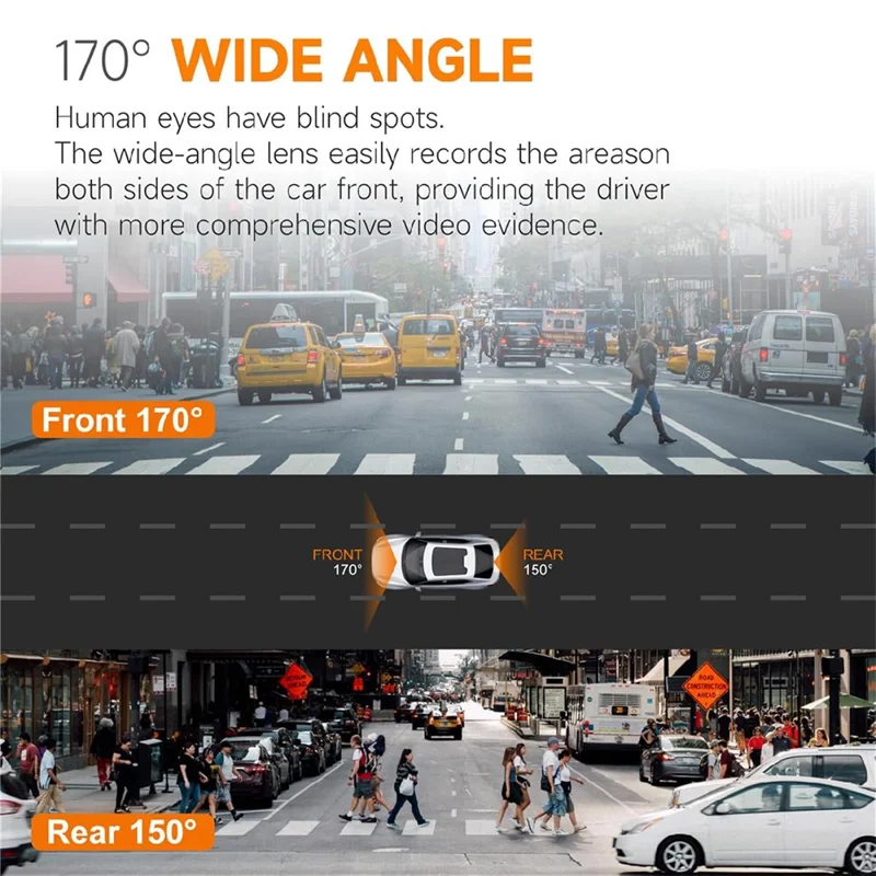 4K Front + 1K Rear Recording WiFi Car Dash Cam 170 Degree Wide Angle Night Vision Camera - Black