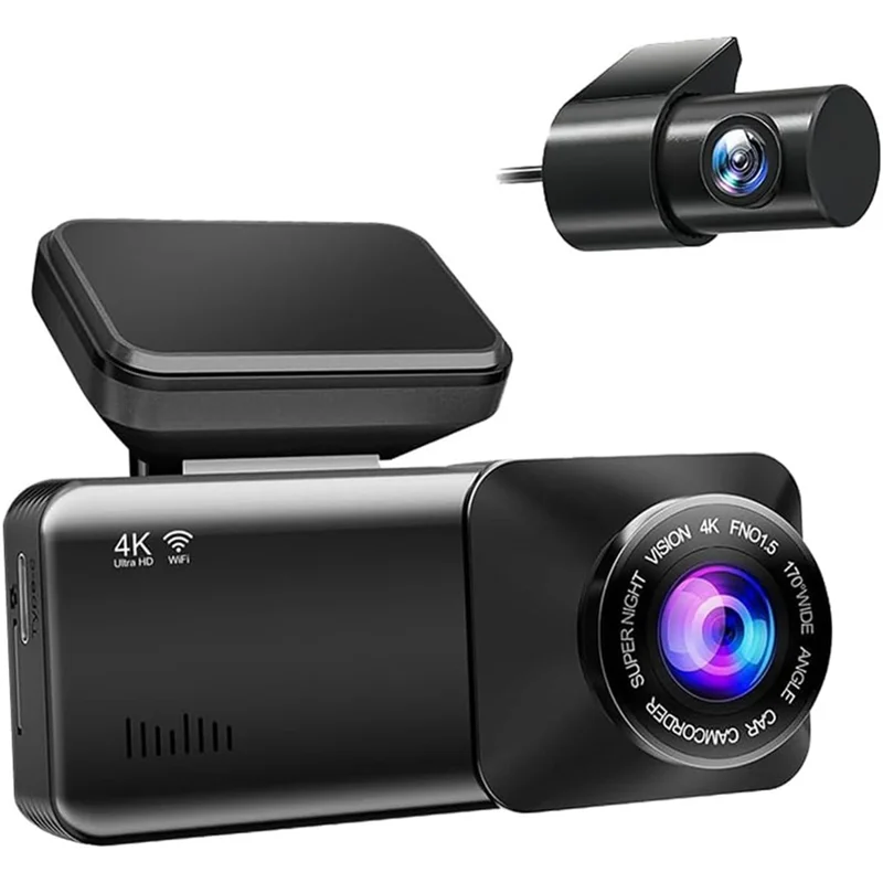 4K Front + 1K Rear Recording WiFi Car Dash Cam 170 Degree Wide Angle Night Vision Camera - Black