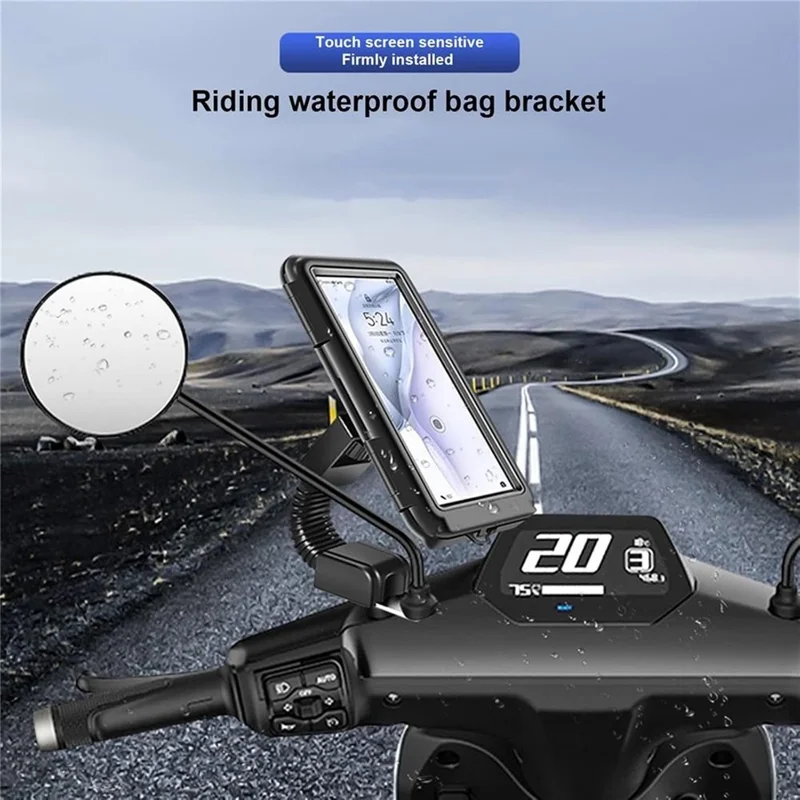 6.8 inch Waterproof Motorcycle Phone Holder PC Touch Screen Case 360 Degree Rotating Rearview Mirror Mount - Black