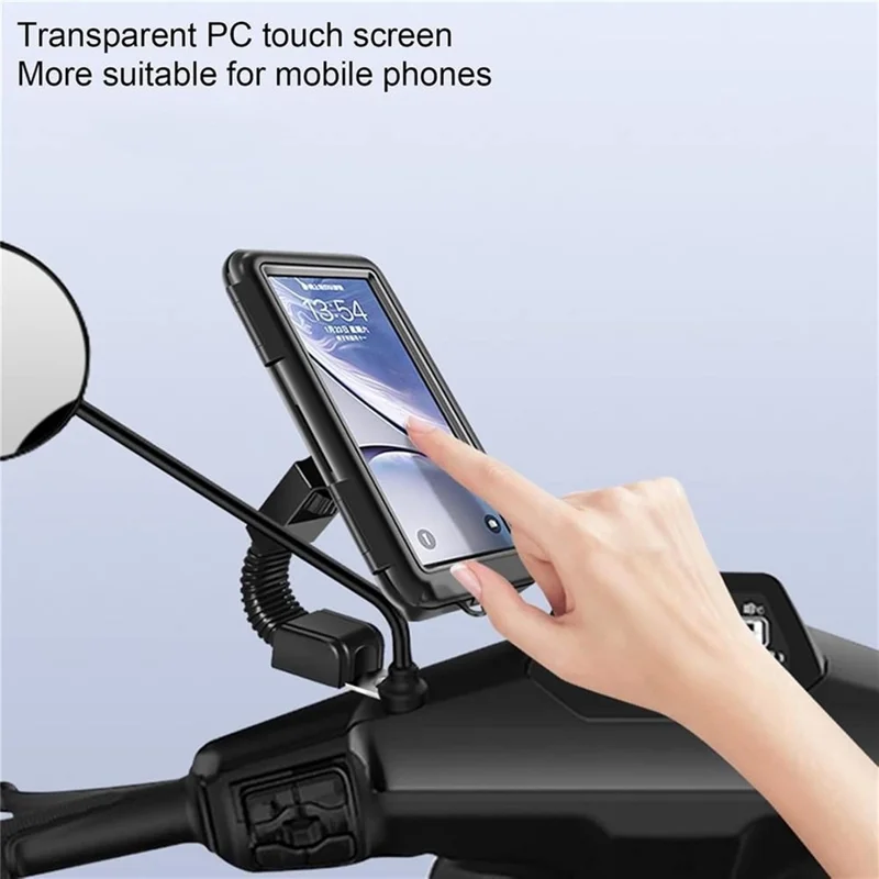 6.8 inch Waterproof Motorcycle Phone Holder PC Touch Screen Case 360 Degree Rotating Rearview Mirror Mount - Black