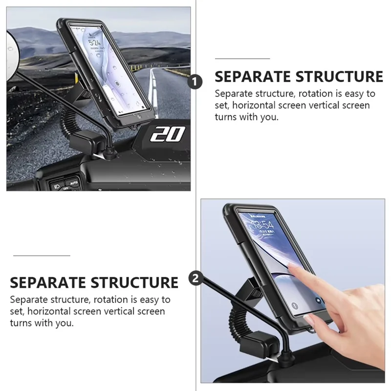 6.8 inch Waterproof Motorcycle Phone Holder PC Touch Screen Case 360 Degree Rotating Rearview Mirror Mount - Black