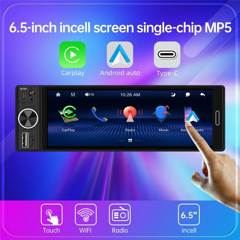 6510W 6.5 inch Single DIN Car Stereo Wireless CarPlay Bluetooth-compatible 5.2 FM Radio