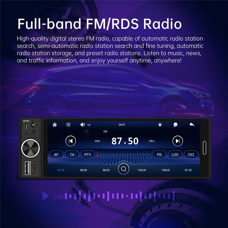 6510W 6.5 inch Single DIN Car Stereo Wireless CarPlay Bluetooth-compatible 5.2 FM Radio