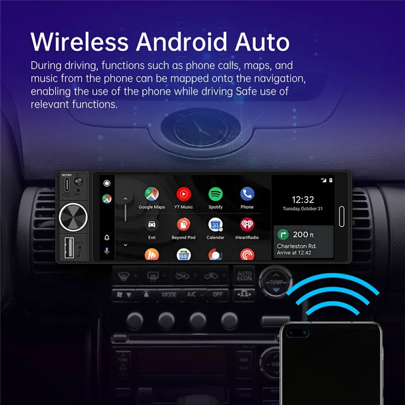 6510W 6.5 inch Single DIN Car Stereo Wireless CarPlay Bluetooth-compatible 5.2 FM Radio