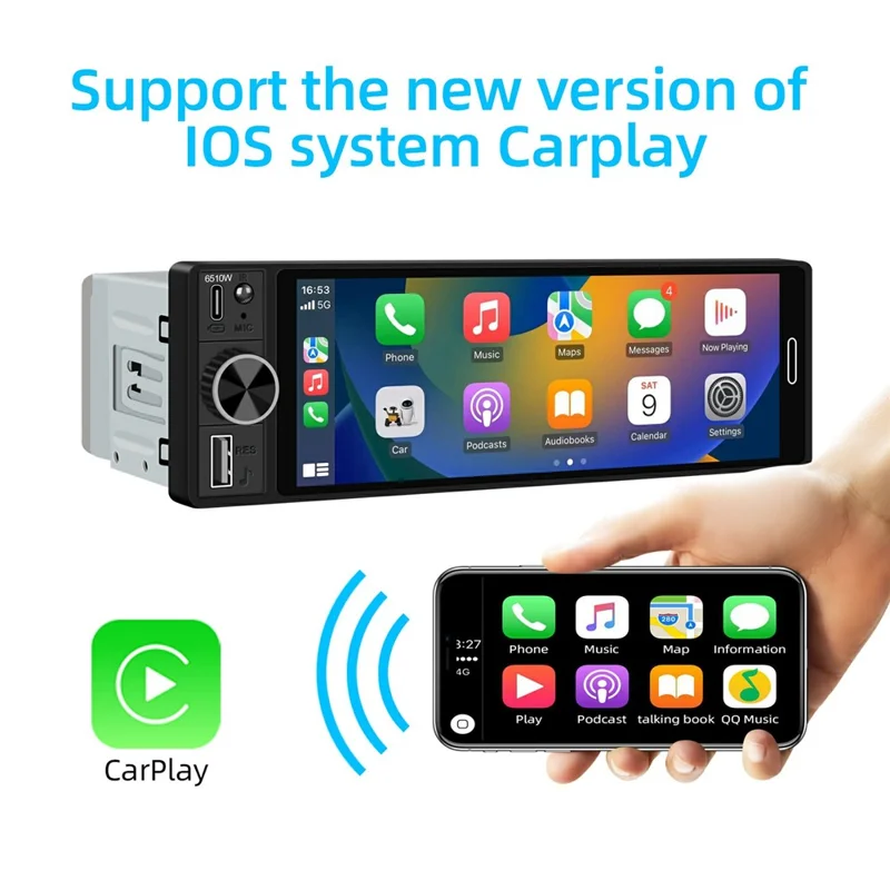6510W 6.5 inch Single DIN Car Stereo Wireless CarPlay Bluetooth-compatible 5.2 FM Radio