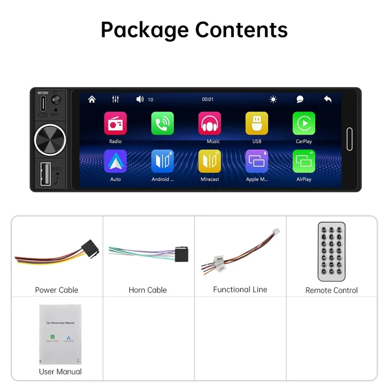 6510W 6.5 inch Single DIN Car Stereo Wireless CarPlay Bluetooth-compatible 5.2 FM Radio