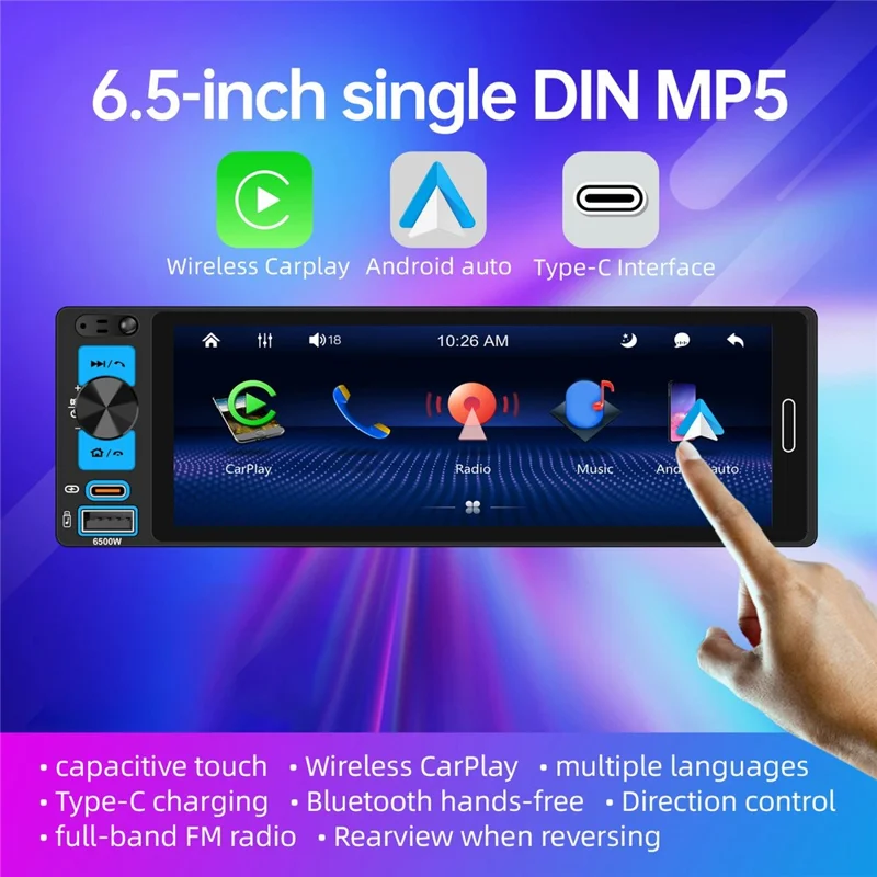6.5 inch Single DIN Car Stereo Wireless CarPlay Bluetooth-compatible 5.2 FM Radio Receiver - Black