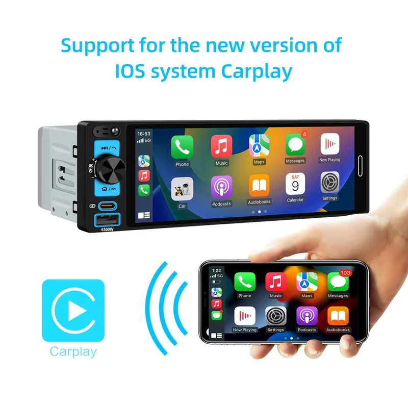 6.5 inch Single DIN Car Stereo Wireless CarPlay Bluetooth-compatible 5.2 FM Radio Receiver - Black