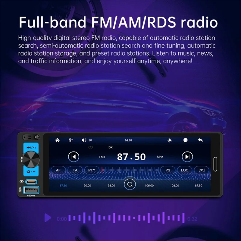 6.5 inch Single DIN Car Stereo Wireless CarPlay Bluetooth-compatible 5.2 FM Radio Receiver - Black