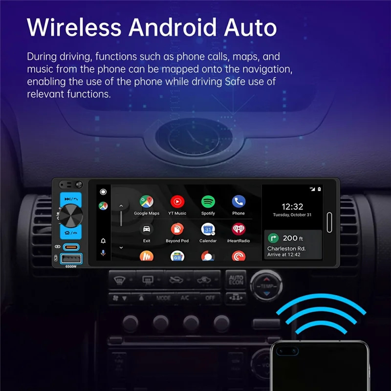 6.5 inch Single DIN Car Stereo Wireless CarPlay Bluetooth-compatible 5.2 FM Radio Receiver - Black