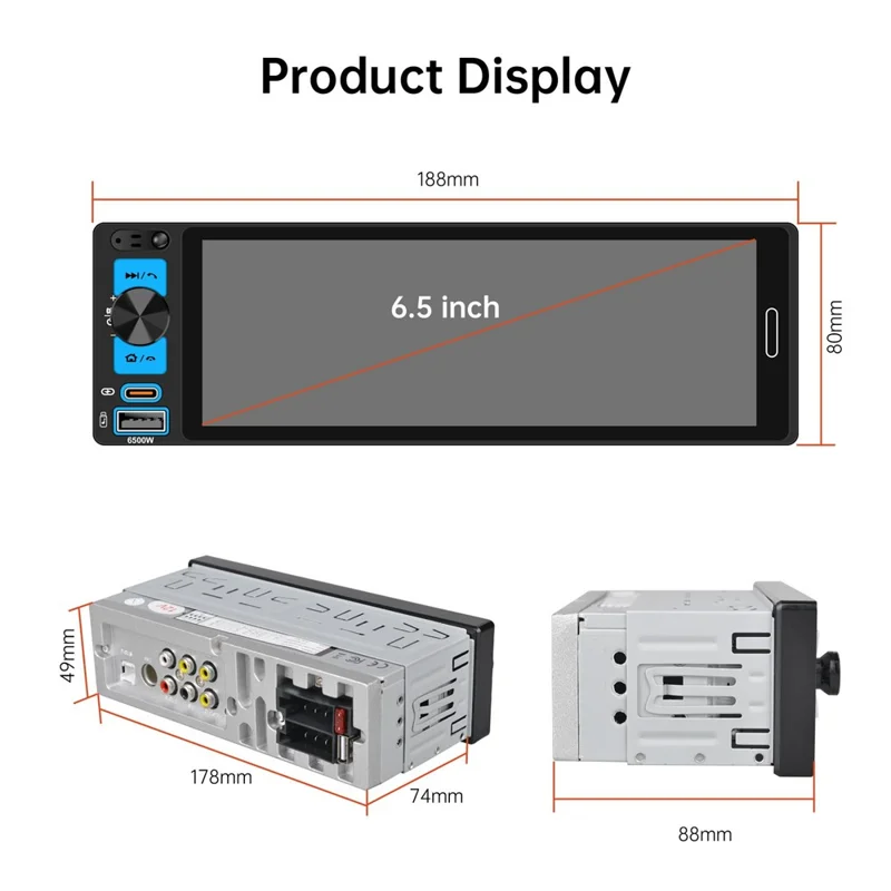 6.5 inch Single DIN Car Stereo Wireless CarPlay Bluetooth-compatible 5.2 FM Radio Receiver - Black