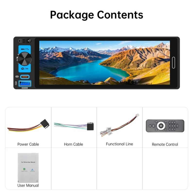 6.5 inch Single DIN Car Stereo Wireless CarPlay Bluetooth-compatible 5.2 FM Radio Receiver - Black