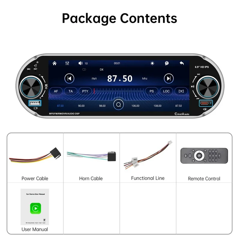 6.9 Inch Single DIN Car Stereo Wireless CarPlay Android Auto Bluetooth-compatible 5.2 Radio - Black