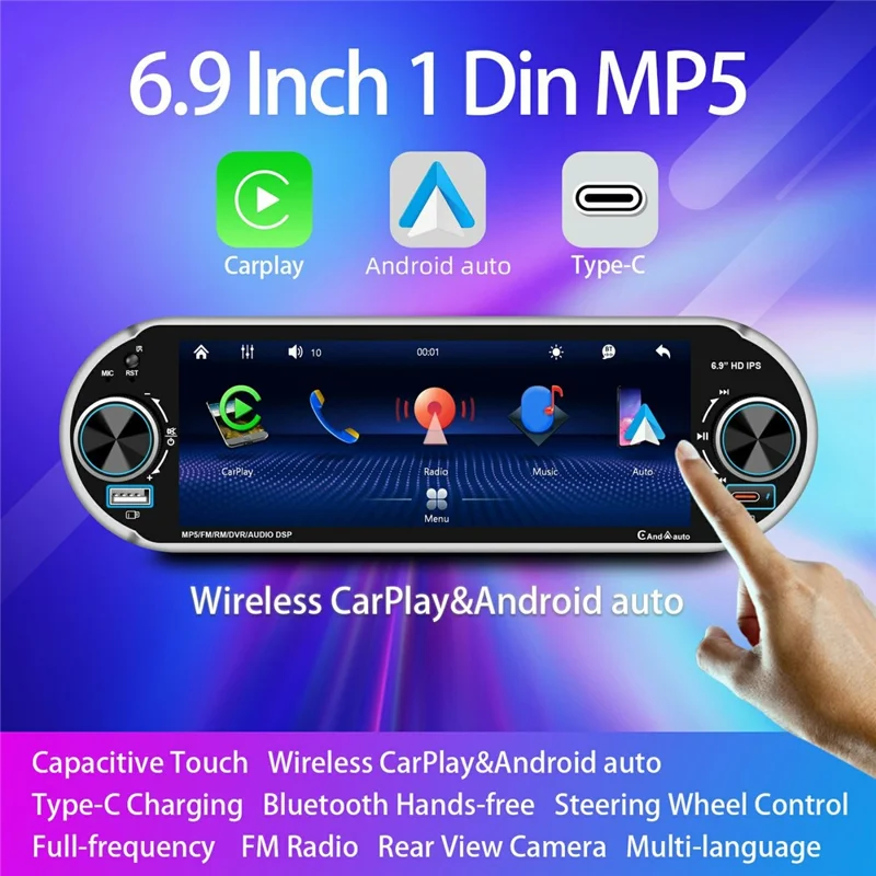 6.9 Inch Single DIN Car Stereo Wireless CarPlay Android Auto Bluetooth-compatible 5.2 Radio - Black