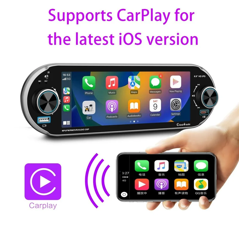 6.9 Inch Single DIN Car Stereo Wireless CarPlay Android Auto Bluetooth-compatible 5.2 Radio - Black