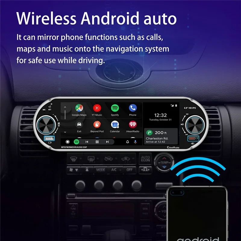 6.9 Inch Single DIN Car Stereo Wireless CarPlay Android Auto Bluetooth-compatible 5.2 Radio - Black