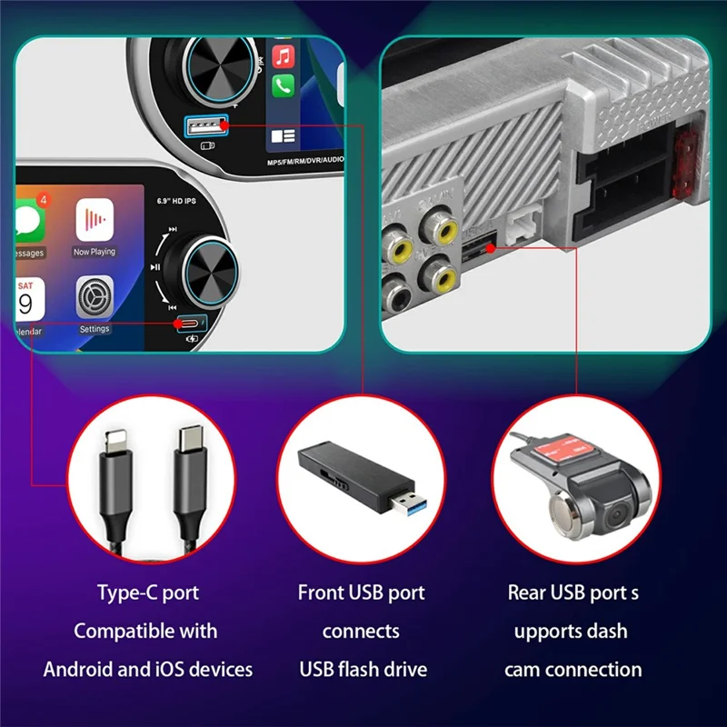 6.9 Inch Single DIN Car Stereo Wireless CarPlay Android Auto Bluetooth-compatible 5.2 Radio - Black