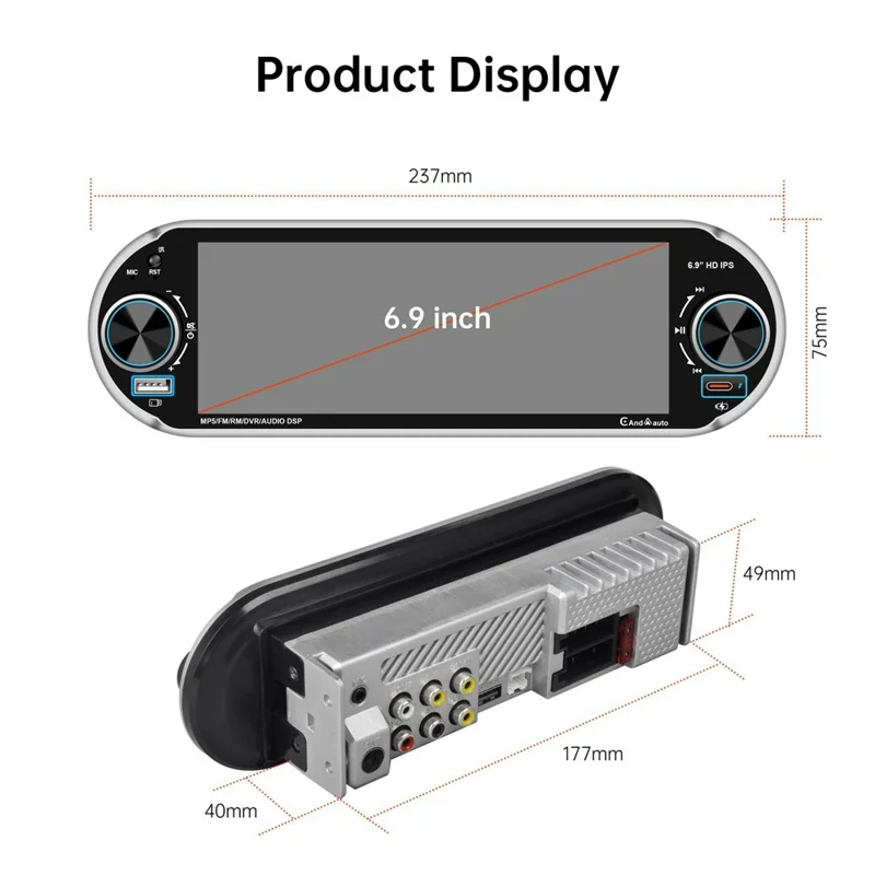6.9 Inch Single DIN Car Stereo Wireless CarPlay Android Auto Bluetooth-compatible 5.2 Radio - Black
