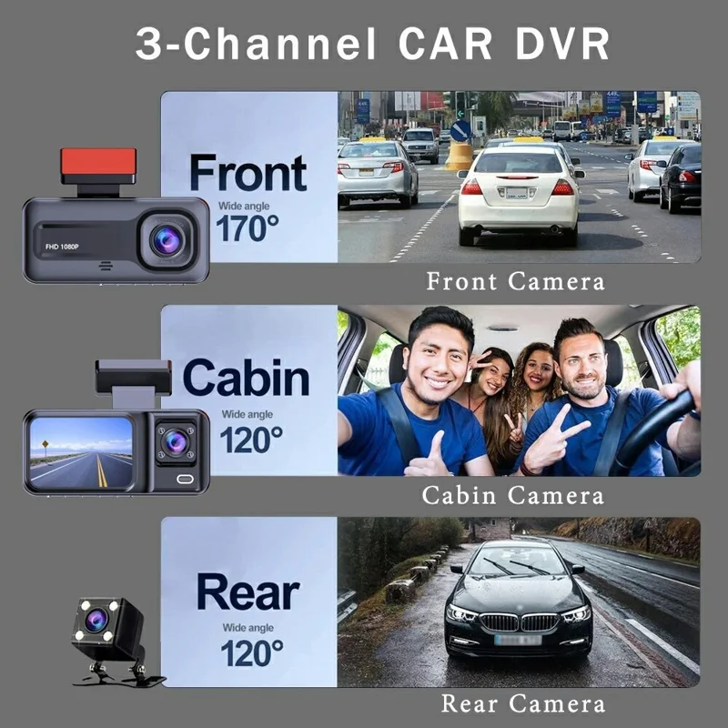 A98 WiFi 3-Channel Dash Cam Front Rear Interior 1080P IR Night Vision 2.0 Inch Screen Loop Recording Car DVR
