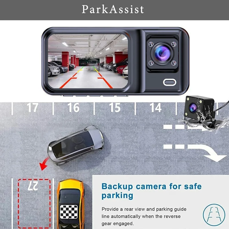 A98 WiFi 3-Channel Dash Cam Front Rear Interior 1080P IR Night Vision 2.0 Inch Screen Loop Recording Car DVR