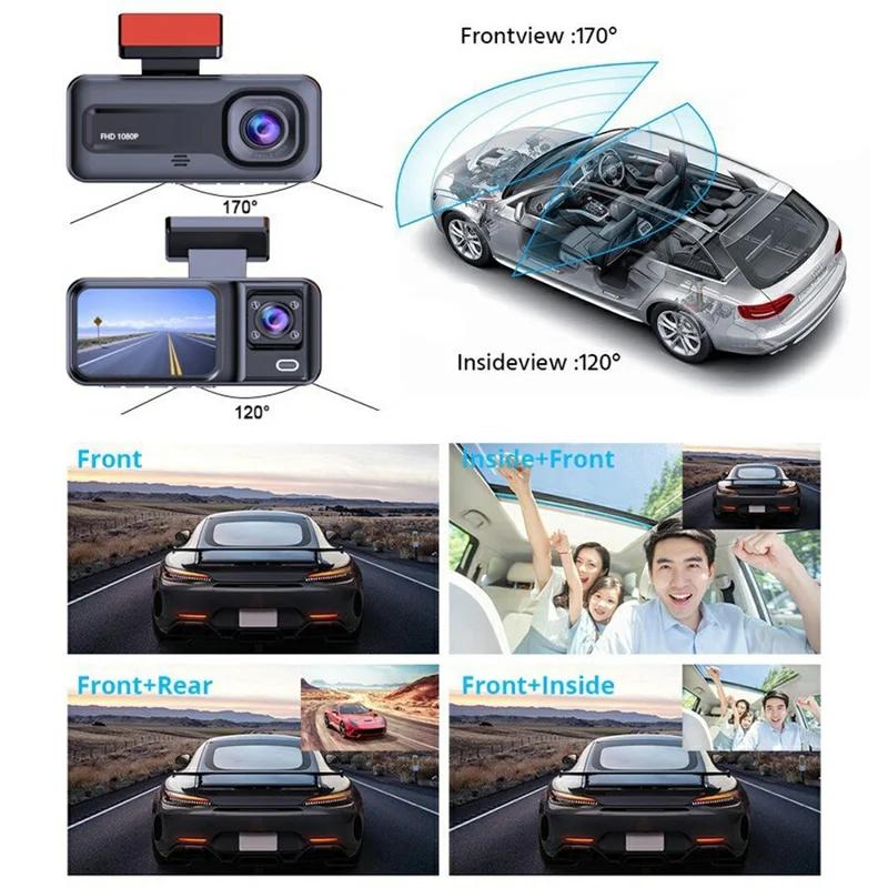 A98 WiFi 3-Channel Dash Cam Front Rear Interior 1080P IR Night Vision 2.0 Inch Screen Loop Recording Car DVR