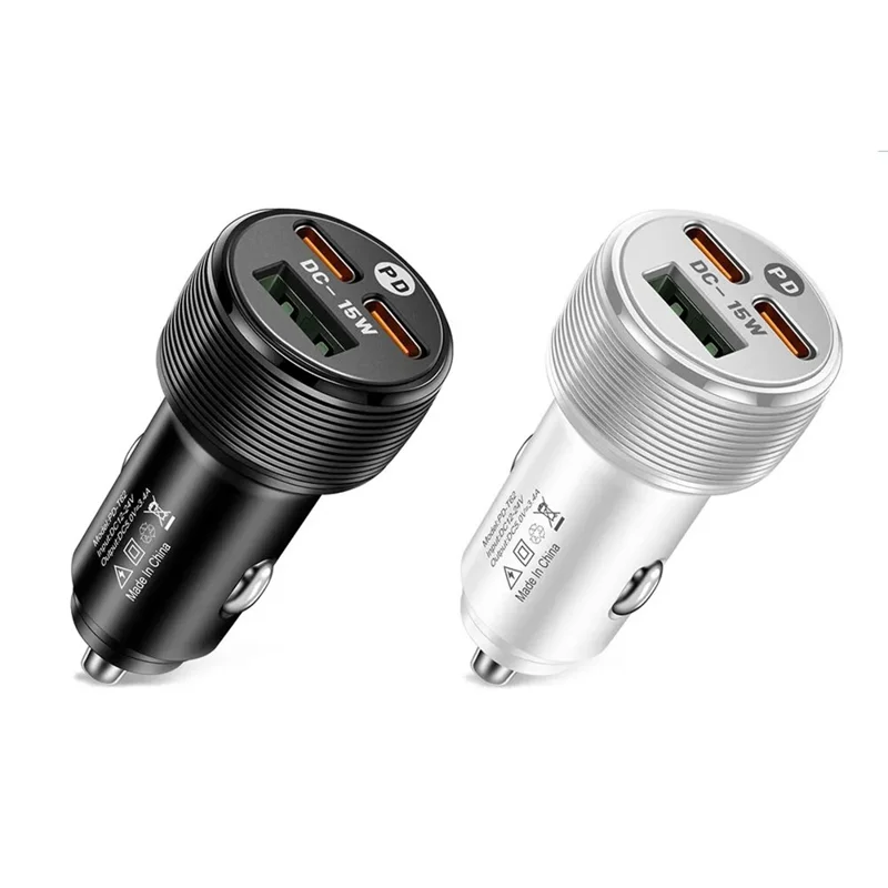 Carregador de 3 Portas para Carro, 1 USB + 2 PD Tipo-C, Saída 5V / 3A, Entrada 12-24V, Adaptador de Isqueiro de Cigarro - Branco