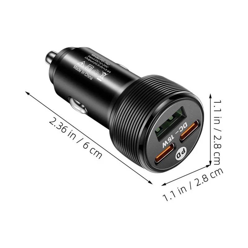 Carregador de 3 Portas para Carro, 1 USB + 2 PD Tipo-C, Saída 5V / 3A, Entrada 12-24V, Adaptador de Isqueiro de Cigarro - Branco