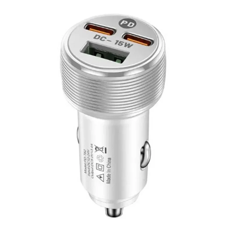 Carregador de 3 Portas para Carro, 1 USB + 2 PD Tipo-C, Saída 5V / 3A, Entrada 12-24V, Adaptador de Isqueiro de Cigarro - Branco