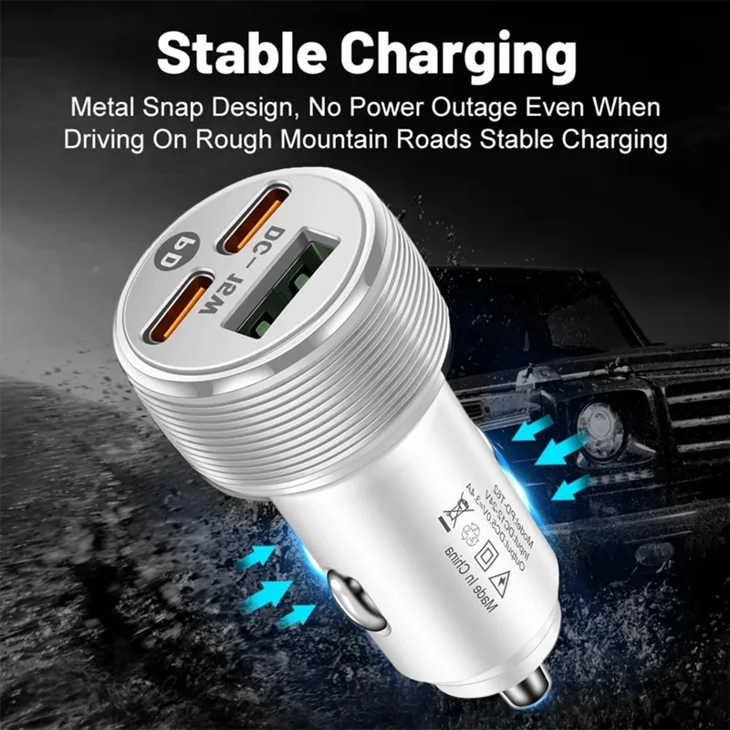Carregador de 3 Portas para Carro, 1 USB + 2 PD Tipo-C, Saída 5V / 3A, Entrada 12-24V, Adaptador de Isqueiro de Cigarro - Branco