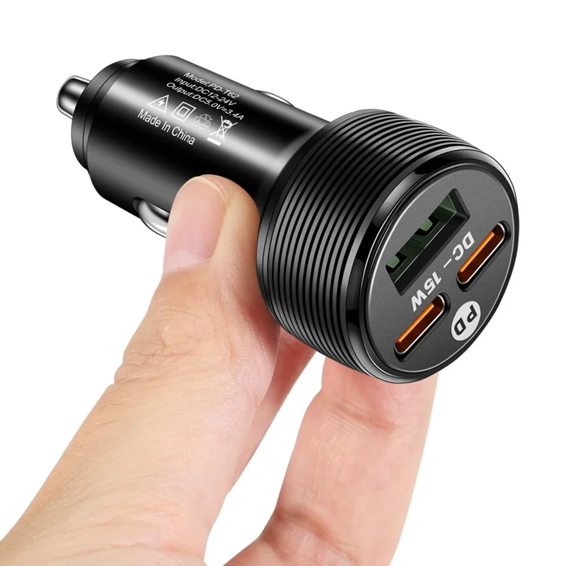 3-Port Car Charger, 1 USB + 2 PD Type-C, 5V / 3A Output, 12-24V Input, Cigarette Lighter Adapter - Black