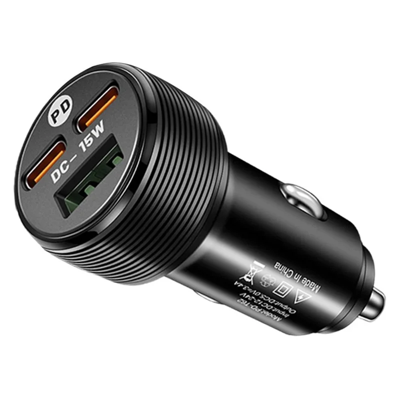 3-Port Car Charger, 1 USB + 2 PD Type-C, 5V / 3A Output, 12-24V Input, Cigarette Lighter Adapter - Black