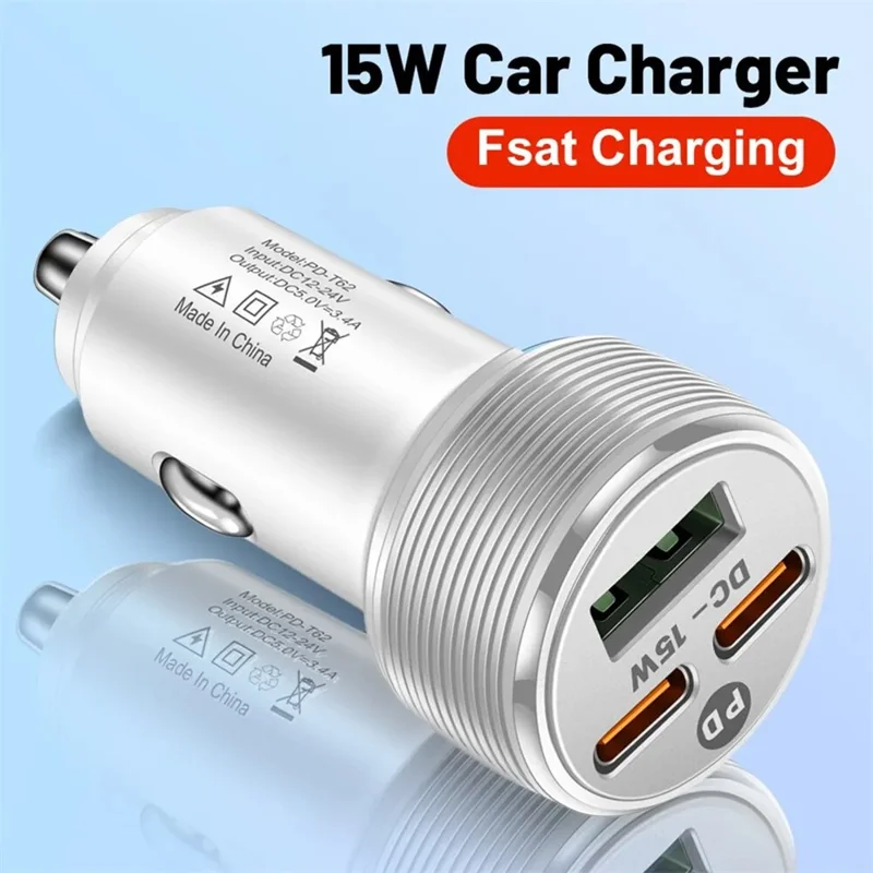 3-Port Car Charger, 1 USB + 2 PD Type-C, 5V / 3A Output, 12-24V Input, Cigarette Lighter Adapter - Black