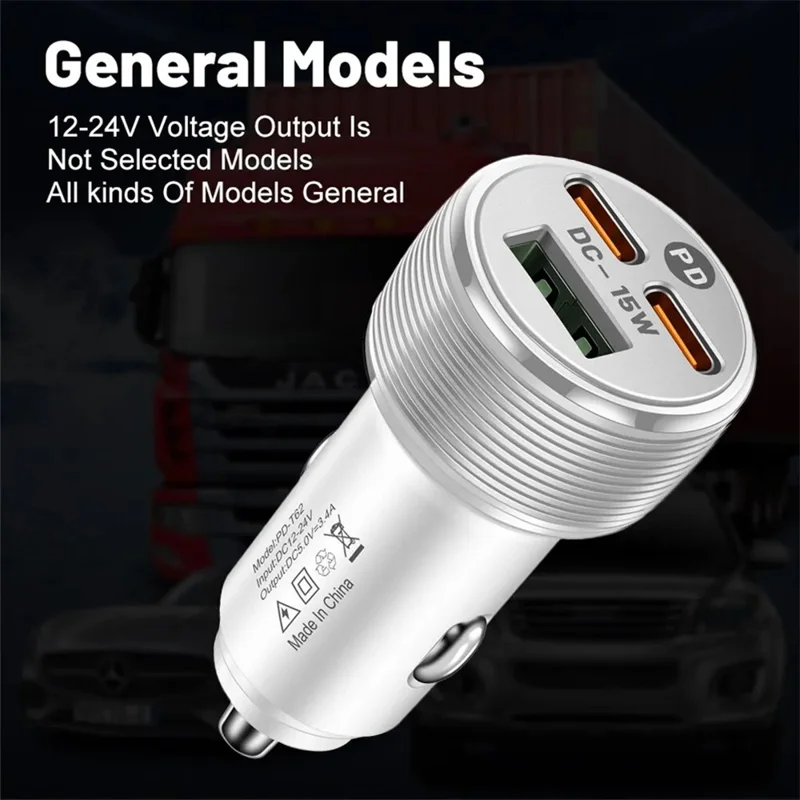3-Port Car Charger, 1 USB + 2 PD Type-C, 5V / 3A Output, 12-24V Input, Cigarette Lighter Adapter - Black